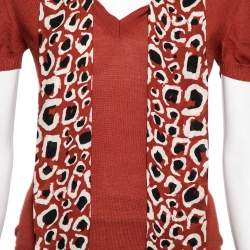 Gucci Brick Red Wool Knit Printed Neck Tie Detail Top S