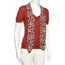 Gucci Brick Red Wool Knit Printed Neck Tie Detail Top S