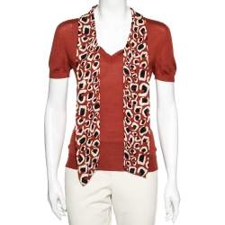 Gucci Brick Red Wool Knit Printed Neck Tie Detail Top S