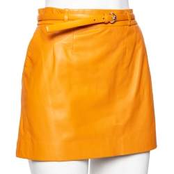 Pre Owned Gucci Orange Leather Belted Mini Skirt M