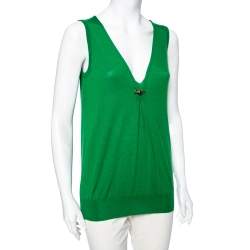 Pre Owned Gucci Green Cashmere Jewel Embellished Plunging Neck Sleeveless Sweater M