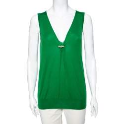 Pre Owned Gucci Green Cashmere Jewel Embellished Plunging Neck Sleeveless Sweater M