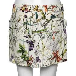 Pre Owned Gucci Cream Floral Printed Cotton Pleated Mini Skirt M
