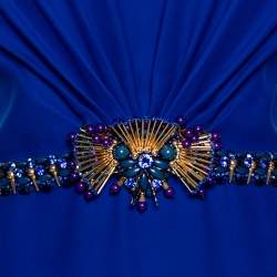 Pre Owned Gucci Blue Silk Crystal and Jewel Embellished Waist Strapless Gown M