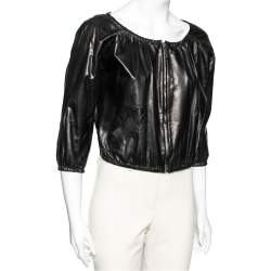 Pre Owned Gucci Black Leather Elasticized Hem Detail Zip Front Jacket M 