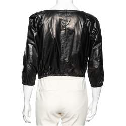 Pre Owned Gucci Black Leather Elasticized Hem Detail Zip Front Jacket M 