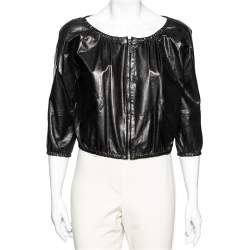 Pre Owned Gucci Black Leather Elasticized Hem Detail Zip Front Jacket M 