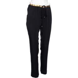 Pre Owned Gucci Black Silk and Leather Trim Drawstring Trouser M