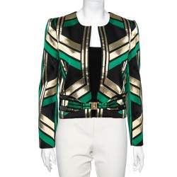 Pre Owned Gucci Green And Metallic Jacquard Long Sleeve Belted Box Jacket M