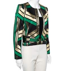 Pre Owned Gucci Green And Metallic Jacquard Long Sleeve Belted Box Jacket M
