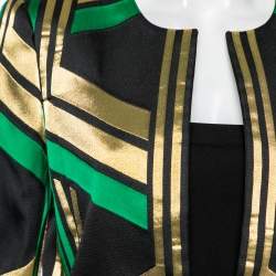 Pre Owned Gucci Green And Metallic Jacquard Long Sleeve Belted Box Jacket M