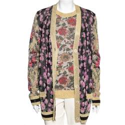 Pre Owned Gucci Multicolor Floral Intarsia Lurex Knit Tank Top & Reversible Cardigan M