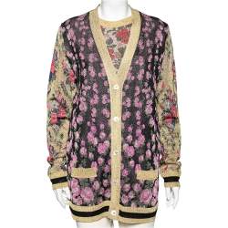 Pre Owned Gucci Multicolor Floral Intarsia Lurex Knit Tank Top & Reversible Cardigan M