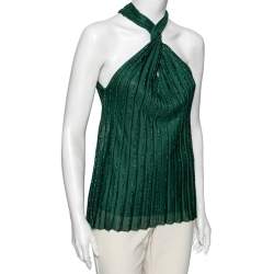 Pre Owned Gucci Green Knit Pleated Twisted Neck Sleeveless Top M