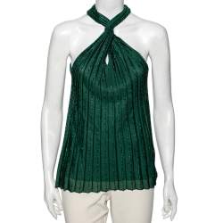 Pre Owned Gucci Green Knit Pleated Twisted Neck Sleeveless Top M