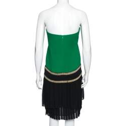 Gucci Green and Black Plisse Silk Detail Embellished Strapless Dress M