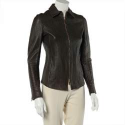 Pre Owned Gucci Brown Stitched Leather Zip Front Jacket M
