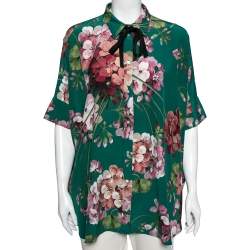 Pre Owned Gucci Green Floral Printed Silk Crepe Button Front Blouse L