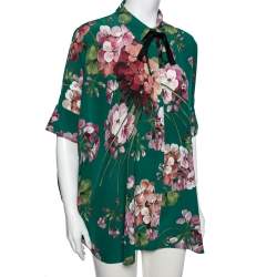 Pre Owned Gucci Green Floral Printed Silk Crepe Button Front Blouse L