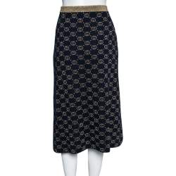 Pre Owned Gucci Navy Blue & Gold GG Lurex Jacquard Midi Skirt XS