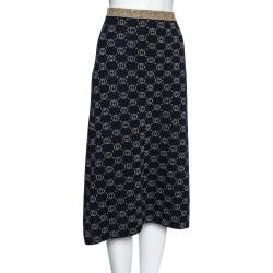 Pre Owned Gucci Navy Blue & Gold GG Lurex Jacquard Midi Skirt XS
