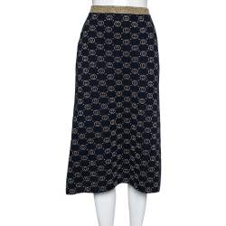 Pre Owned Gucci Navy Blue & Gold GG Lurex Jacquard Midi Skirt XS