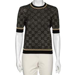 Pre Owned Gucci Gold & Black GG Lurex Jacquard Wool Jumper S