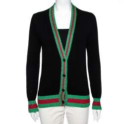 Pre Owned Gucci Black Wool Front Button Web Trim Lurex Long Sleeve Sweater S