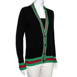 Pre Owned Gucci Black Wool Front Button Web Trim Lurex Long Sleeve Sweater S