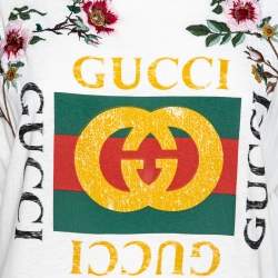 Pre Owned Gucci White Logo Printed & Embroidered Cotton Distressed T-Shirt XS