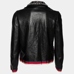 Gucci Black Leather Web Detail Trim Bow Tie Studded Collar Jacket M
