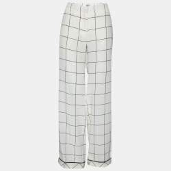 Pre Owned Valentino White and Black Windowpane Check Printed Silk Trousers L