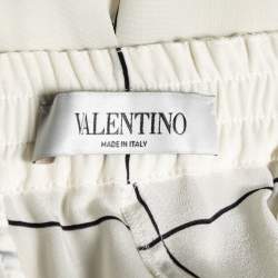 Pre Owned Valentino White and Black Windowpane Check Printed Silk Trousers L