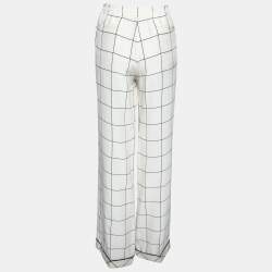 Pre Owned Valentino White and Black Windowpane Check Printed Silk Trousers L
