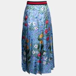 Pre Owned Gucci Blue Floral Printed Silk Pleated Midi Skirt M