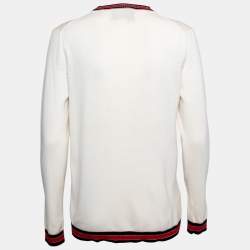 Pre Owned Gucci Cream Wool Lurex Web Stripe Trimmed Button Front Cardigan XL