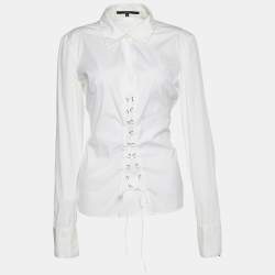 Gucci Vintage White Stretch Cotton Lace-Up Detail Shirt L