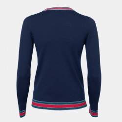 Pre Owned Gucci Navy Blue Wool & Lurex Web Stripe Trimmed Button Front Cardigan S