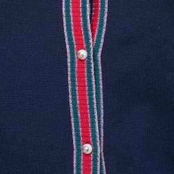 Pre Owned Gucci Navy Blue Wool & Lurex Web Stripe Trimmed Button Front Cardigan S