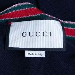Pre Owned Gucci Navy Blue Wool & Lurex Web Stripe Trimmed Button Front Cardigan S