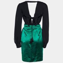 Pre Owned فستان غوتشي حرير أسود وأخضر زمردي بلا ظهر مزين قصات مفرغة أكمام طويلة مقاس متوسط (ميديوم)