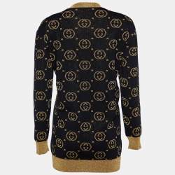 Pre Owned Gucci Black & Gold Lurex Knit Wool GG Button Front Cardigan XS