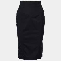 Pre Owned Gucci Black Cady Ruched Belt Detail Knee-Length Skirt S