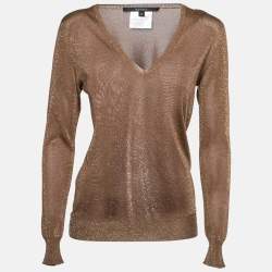 Gucci Brown & Gold Lurex Knit V-Neck Sweater S
