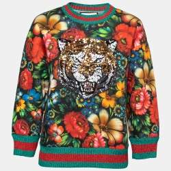 Pre Owned Gucci Multicolor Floral Printed Cotton Tiger Sequin Embellished Sweatshirt M