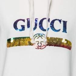 Pre Owned Gucci Cream Cotton Sequin Logo Embellished Hoodie M
