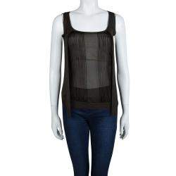 Pre Owned Gucci Olive Green Knit Pintucked Neck Tie Detail Sheer Top XS