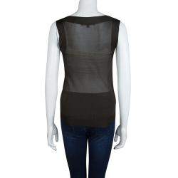 Pre Owned Gucci Olive Green Knit Pintucked Neck Tie Detail Sheer Top XS