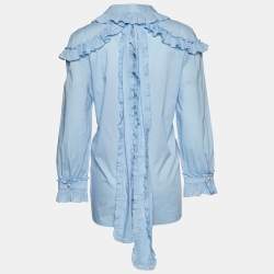 Pre Owned Gucci Light Blue Cotton Ruffled Button Front Blouse L