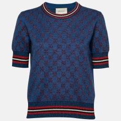 Pre Owned Gucci Blue GG Lurex jacquard Wool Round Neck Jumper L